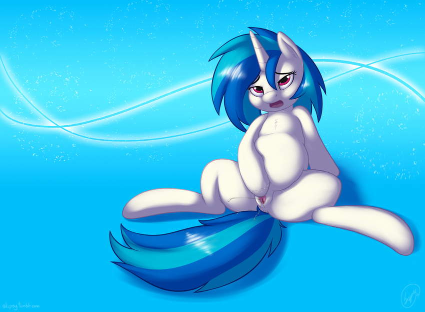 blue_background blue_hair blue_theme chubby cum equine female feral fingering friendship_is_magic fur hair horn horse mammal masturbation my_little_pony nude plain_background pony pussy pussy_juice red_eyes sitting skipsy solo spread_legs spreading unicorn vinyl_scratch_(mlp) white_fur