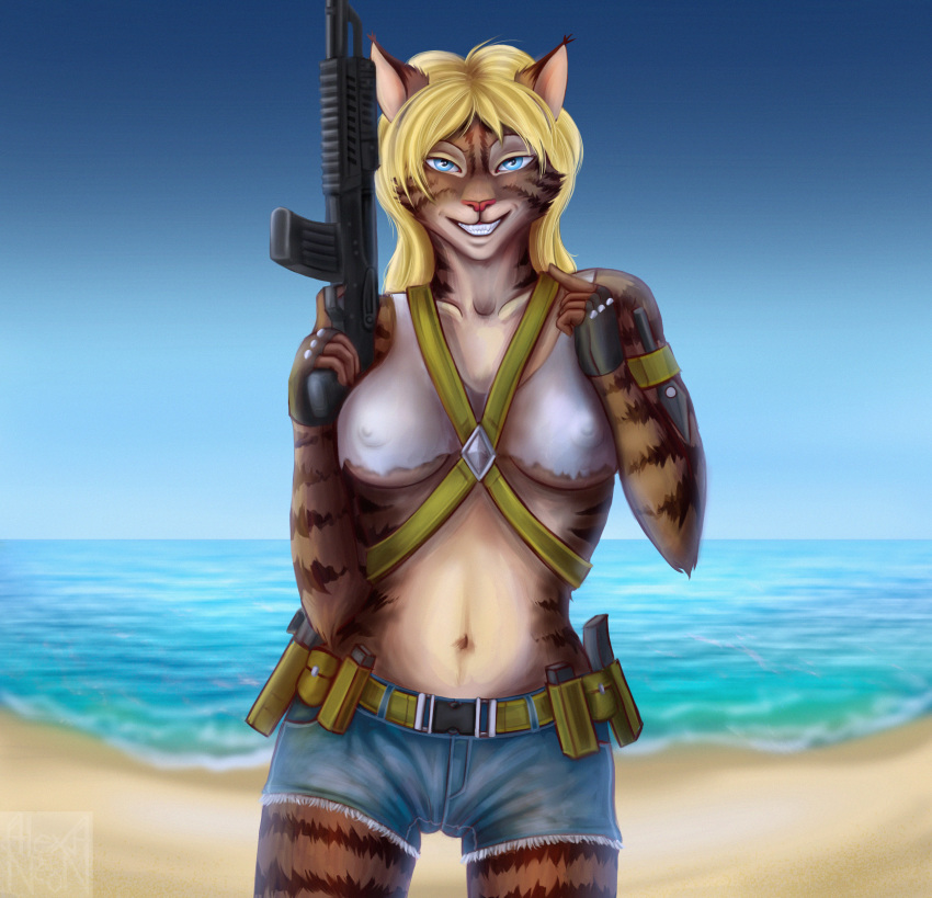 2018 alexa_neon anthro big_breasts blonde_hair blue_eyes breasts camel_toe cat clothed clothing digital_media_(artwork) feline female fur gun hair hi_res holding_object holding_weapon knife looking_at_viewer lynx mammal nipple_bulge ranged_weapon rifle smile solo standing video_games weapon