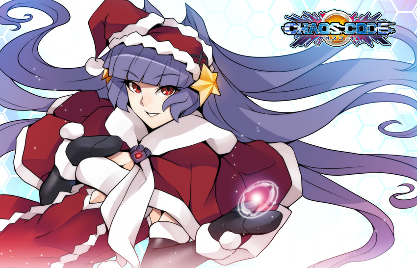 ban capelet celia_(chaos_code) chaos_code christmas detached_sleeves hairband hat highres long_hair mittens official_art purple_hair red_capelet red_eyes santa_costume santa_hat smile solo star very_long_hair