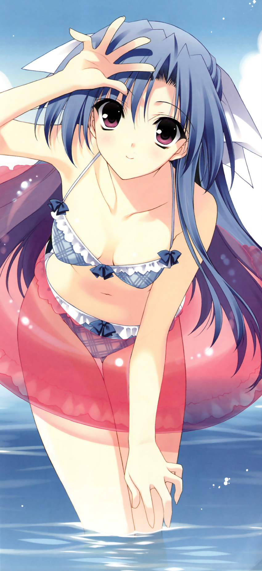 absurdres bare_shoulders bikini blue_hair blue_sky breasts cleavage collarbone day hand_on_own_knee highres hiyama_riko innertube leaning_forward long_hair medium_breasts navel plaid plaid_bikini purple_eyes sakura_bitmap scan shading_eyes sky smile solo suzuhira_hiro swimsuit wading water