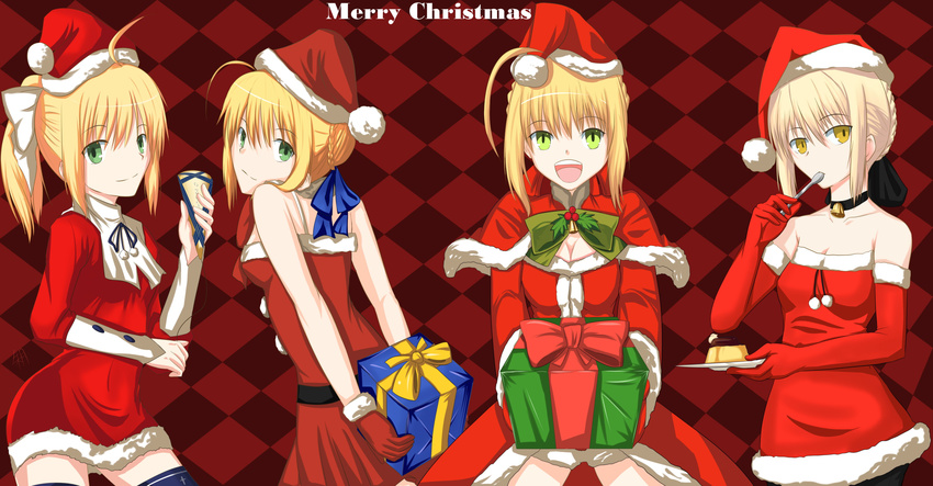 :d absurdres ahoge akatsuki_(mp31097 artoria_pendragon_(all) avalon_(fate/stay_night) bell blonde_hair bow breasts choker christmas cleavage detached_sleeves eating fate/extra fate/stay_night fate/unlimited_codes fate_(series) food gift gloves green_eyes hair_bow hair_ribbon hat highres holly looking_back medium_breasts merry_christmas multiple_girls multiple_persona nero_claudius_(fate) nero_claudius_(fate)_(all) open_mouth pudding red_gloves ribbon saber saber_alter saber_lily santa_costume santa_hat smile thighhighs yellow_eyes