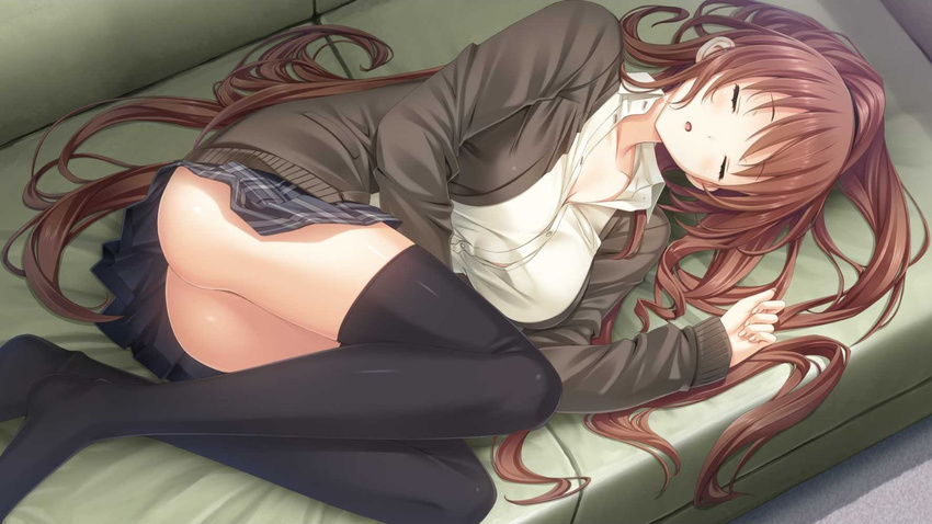 1girl artist_request ass black_legwear black_thighhighs breasts brown_hair character_request eyes_closed kajiya_ayano kiss_bell long_hair lying mikoto_akemi miniskirt no_shoes on_side open_mouth pleated_skirt ponytail school_uniform skirt sleeping solo source_request thighhighs very_long_hair zettai_ryouiki