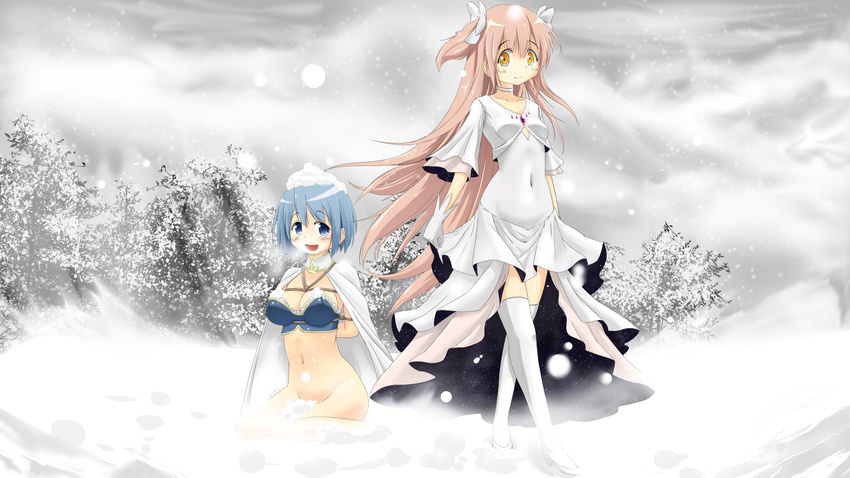 arms_behind_back bad_id bad_pixiv_id bdsm blue_eyes blue_hair bondage bottomless bound bow breasts cape choker cleavage cloud cloudy_sky dress hair_bow highres kaname_madoka large_breasts long_hair mahou_shoujo_madoka_magica miki_sayaka multiple_girls navel pink_hair shibari short_hair sicile_gloria sitting sky smile snow snowing spoilers thighhighs two_side_up ultimate_madoka very_long_hair wariza white_dress white_legwear yellow_eyes