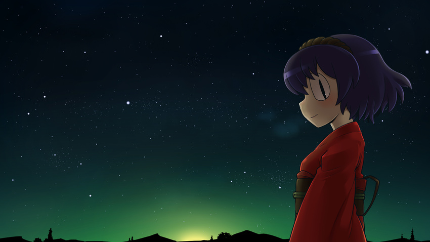 breath cold hairband highres horizon japanese_clothes kimono light_smile looking_at_viewer night profile purple_hair short_hair sky slit_pupils snake-eyed_kanako solo star_(sky) starry_sky sunset touhou ume_(noraneko) yasaka_kanako