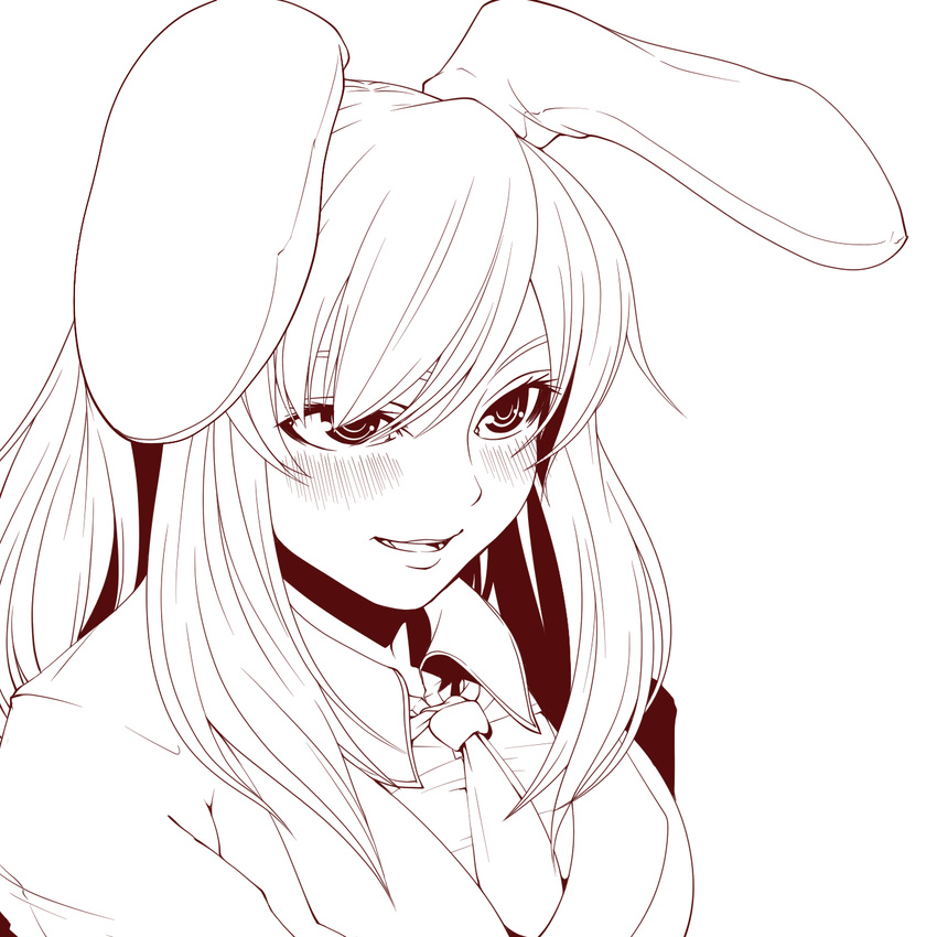 animal_ears blush bunny_ears haseru_(ginku_mh) highres lineart long_hair monochrome necktie open_mouth reisen_udongein_inaba smile solo touhou