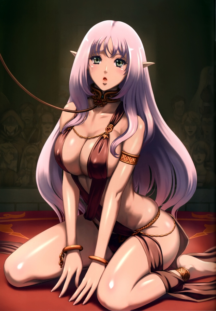 1girl absurdres annelotte breasts eiwa highres jewelry large_breasts long_hair lots_of_jewelry official_art pointy_ears queen's_blade queen's_blade_rebellion queen's_blade queen's_blade_rebellion queen's_blade_vanquished_queens sitting solo white_hair