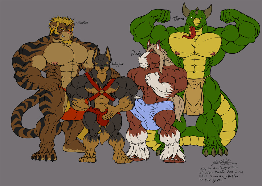 abs anthro biceps black_nose blonde_hair bodybuilder brown_body brown_eyes bulge canine claws clothed clothing countershading dialog dog douglas dragon ear_piercing english_text equine feline fur gray_body green_body green_dragon green_eyes grey_background grey_body grey_fur group hair hand_on_shoulder hi_res horse loincloth looking_at_viewer male mammal muscles nipples orange_eyes piercing pink_nose plain_background pose raised_arm red_eyes rusty scalie signature skimpy standing stripes text thoran tiger troran unknown_artist yellow_eyes zeusralo zeusralo_(character)