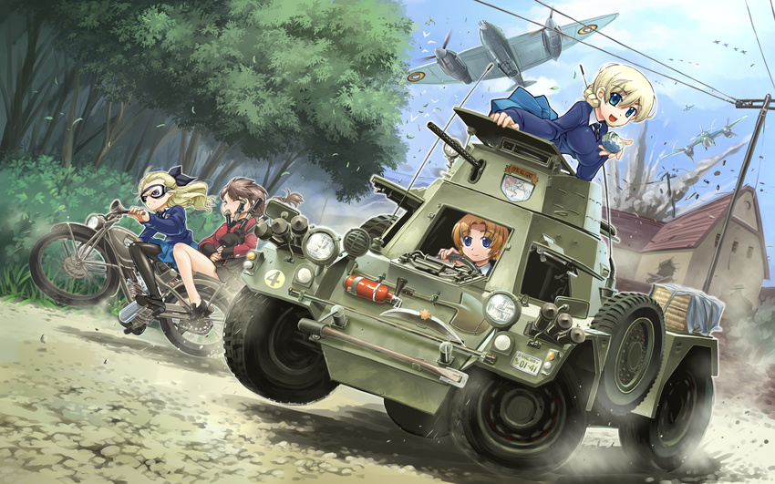 action aircraft airplane armored_vehicle assam bagpipes black_skirt blonde_hair blue_eyes blue_skirt blue_sweater bomber braid breasts brown_hair closed_eyes commentary_request cup darjeeling dress_shirt driving emblem ferret_scout_car girls_und_panzer ground_vehicle hair_ribbon highres instrument jacket long_hair long_sleeves looking_at_viewer medium_breasts military military_vehicle miniskirt mosquito_(airplane) motor_vehicle motorcycle multiple_girls necktie open_mouth orange_hair orange_pekoe pleated_skirt r-ex red_jacket ribbon rukuriri school_uniform shirt short_hair single_braid skirt smile st._gloriana's_(emblem) st._gloriana's_school_uniform sweater teacup thighhighs tied_hair twin_braids v-neck wheelie white_shirt