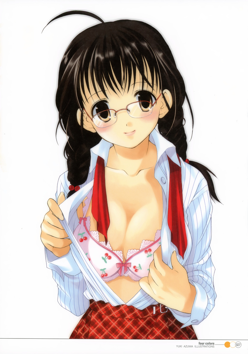 absurdres ahoge azuma_yuki black_eyes black_hair blush bow bow_bra bra braid breasts cherry_bra cherry_print cleavage copyright_request food_print glasses highres large_breasts looking_at_viewer open_clothes open_shirt pink_bra plaid plaid_skirt scan shirt skirt smile solo striped twin_braids unbuttoning underwear undressing vertical_stripes