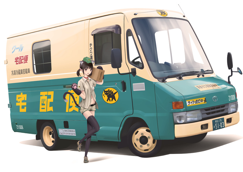animal_ears bad_id bad_pixiv_id black_hair brand_name_imitation brown_eyes car cat_ears chikuwa_(odennabe) delivery gloves ground_vehicle highres kneehighs motor_vehicle paw_gloves paw_pose paws right-hand_drive solo toyota twintails uniform van yamato_transport
