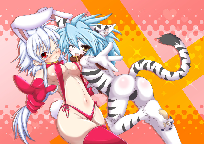 animal_ears animal_print bad_id bad_pixiv_id blue_hair blush breasts bunny_ears bunny_tail cat_paws collar covered_nipples cuffs dual_persona elbow_gloves fake_animal_ears fang fuurin_rei glasses gloves highres leg_up long_hair medium_breasts multiple_girls one_eye_closed open_mouth original outstretched_arm paws pointing pointing_at_viewer reaching red_eyes red_legwear ringed_eyes sidelocks string_bikini tail thighhighs tiger_ears tiger_print tiger_tail tomoyan_(nyakkoya) white_hair yellow_eyes