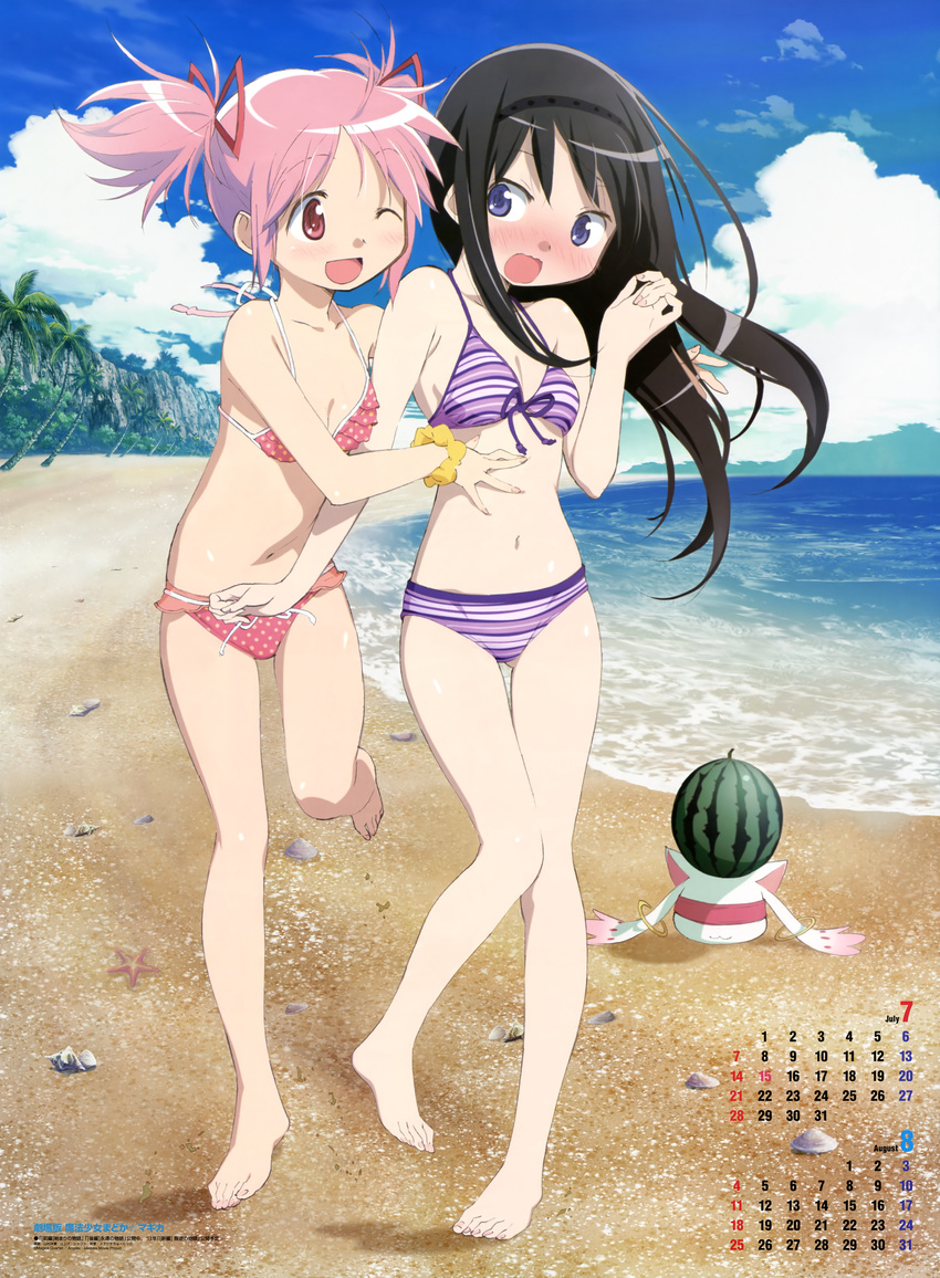 :3 :o ;d absurdres akemi_homura august bangs barefoot beach bikini black_hair blindfold blue_eyes blush breasts buried calendar_(medium) cleavage cliff cloud day embarrassed eye_contact feet food frilled_bikini frills front-tie_top fruit gradient hair_ribbon hairband hand_on_another's_stomach highres hug huge_filesize jewelry july kaname_madoka kyubey legs long_hair looking_at_another mahou_shoujo_madoka_magica mahou_shoujo_madoka_magica_movie multiple_girls navel nyantype object_on_head ocean official_art one_eye_closed open_mouth outdoors pale_skin palm_tree pink_hair polka_dot polka_dot_bikini polka_dot_swimsuit purple_bikini red_bikini red_eyes ribbon ring scan scrunchie seashell shell shiny shiny_skin short_hair short_twintails side-tie_bikini sky small_breasts smile standing standing_on_one_leg starfish striped striped_bikini striped_swimsuit surprised swimsuit thigh_gap tree twintails water watermelon wavy_mouth wrist_scrunchie yamamura_hiroki