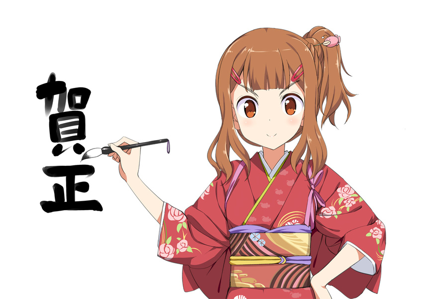 alternate_hairstyle anglerfish bangs blunt_bangs brush calligraphy calligraphy_brush doyagao fish_hair_ornament floral_print flower furisode girls_und_panzer hair_ornament hair_up hairclip hand_on_hip happy_new_year ink japanese_clothes kanji kimono looking_at_viewer new_year obi orange_eyes orange_hair paintbrush ponytail rose sash side_ponytail simple_background solo takayaki takebe_saori tasuki translated upper_body white_background