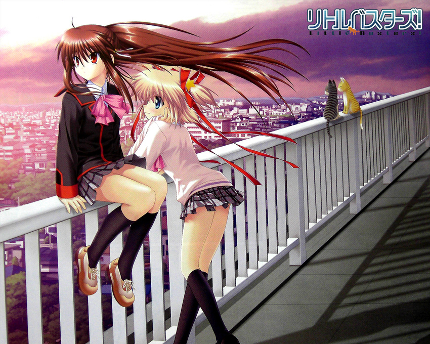 2girls ahoge arm_support artist_request black_legwear blonde_hair blue_eyes bow bowtie brown_hair cat character_request chin_rest city cityscape cloud clouds fixme hair_ornament hair_ribbon kamikita_komari kneehighs little_busters! long_hair miniskirt multiple_girls natsume_rin plaid plaid_skirt pleated_skirt ponytail railing red_eyes ribbon shoes short_hair short_twintails sitting skirt sky sleeves_past_wrists smile standing sweater twintails very_long_hair
