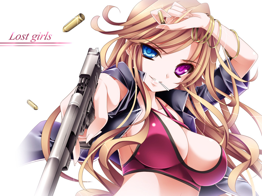 bicolored_eyes cleavage gun long_hair moneti_(daifuku) original tagme weapon