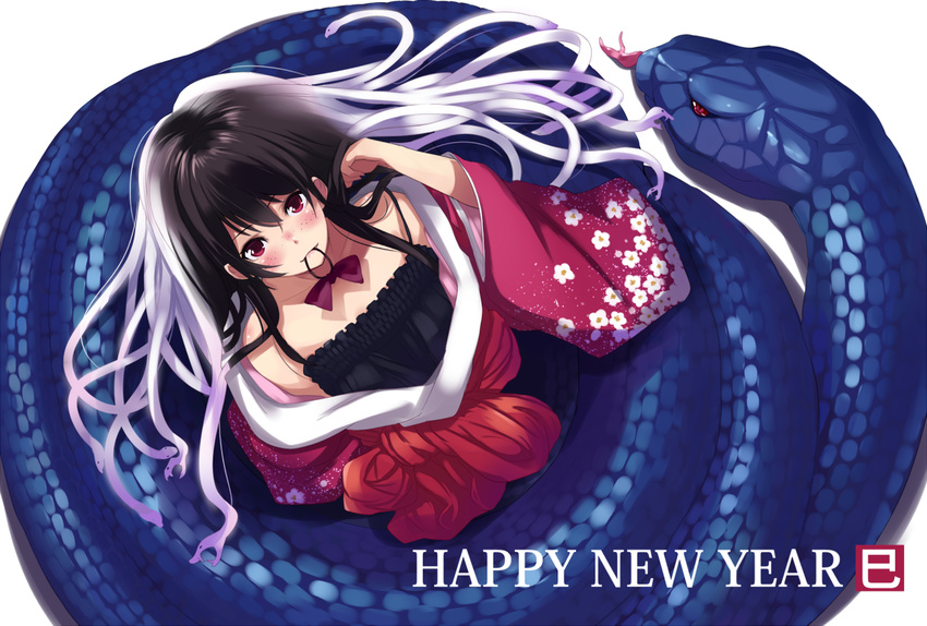 black_hair freckles gradient_hair happy_new_year japanese_clothes mouth_hold multicolored_hair new_year original red_eyes ribbon snake solo sora-bozu two-tone_hair white_hair