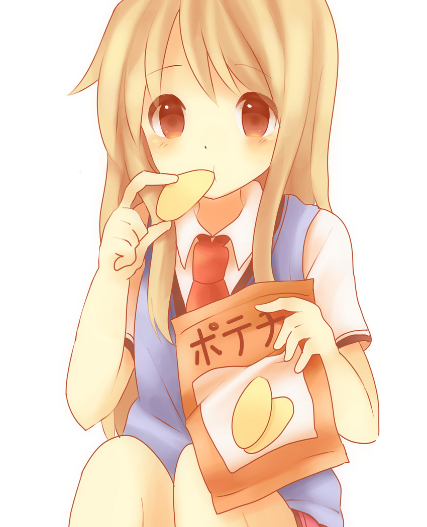 bad_id bad_pixiv_id blonde_hair chips eating food highres long_hair mippii108 necktie red_eyes sakura-sou_no_pet_na_kanojo school_uniform shiina_mashiro sitting skirt solo