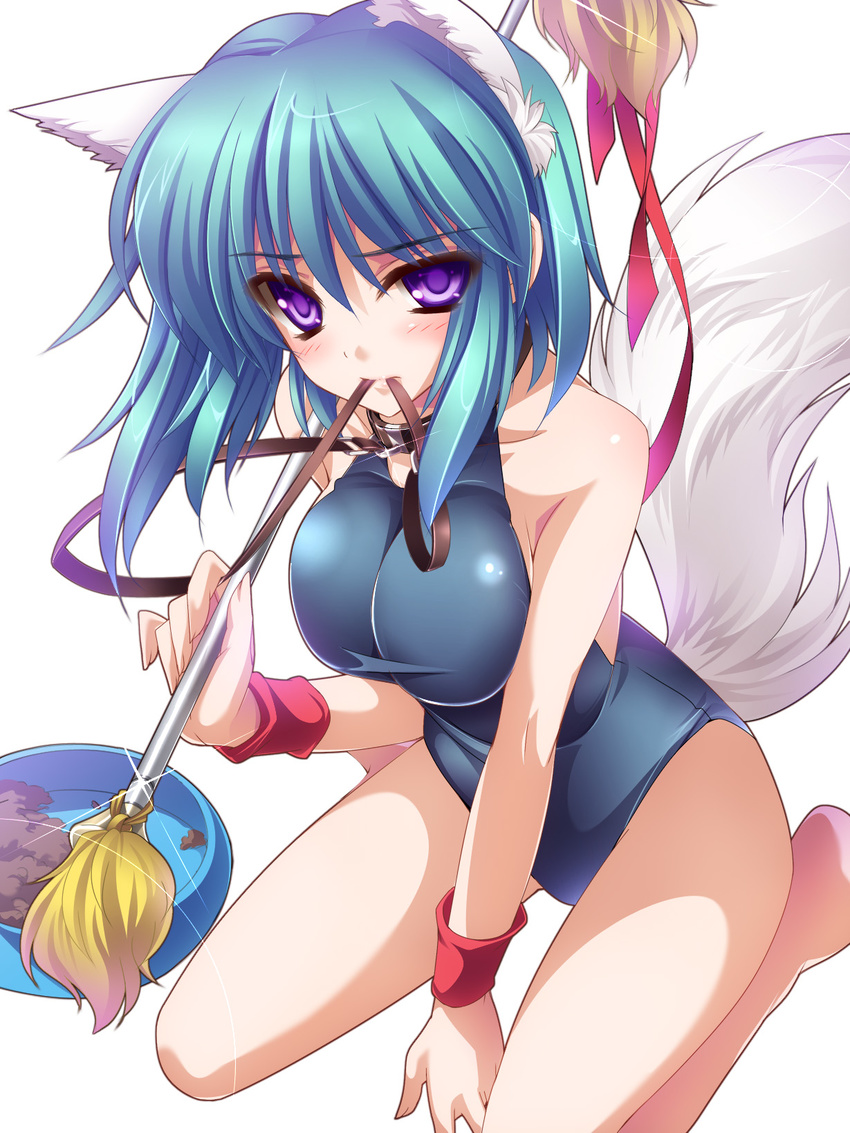 animal_ears baton blue_hair blush bowl breasts dog_ears dog_food dog_tail highres large_breasts leash leotard looking_at_viewer moneti_(daifuku) mouth_hold original pet pet_bowl purple_eyes short_hair solo tail wristband