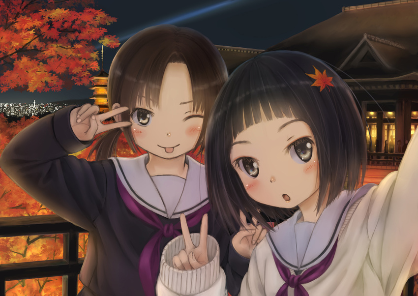 :p black_hair blush brown_eyes cityscape hair_ornament highres kyoto kyoto_tower leaf leaf_on_head multiple_girls one_eye_closed original photo_(object) reaching_out school_uniform self_shot serafuku short_hair sleeves_past_wrists smile taka_(tsmix) taking_picture tongue tongue_out v