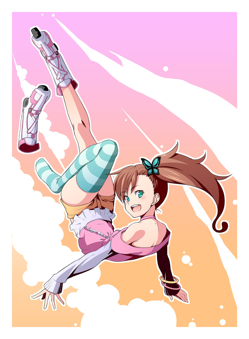 aqua_eyes bare_shoulders brown_hair butterfly_hair_ornament choker chousoku_henkei_gyrozetter hair_ornament highres inaba_rinne legs long_hair looking_at_viewer looking_back open_mouth roller_shoes shoes side_ponytail single_shoe single_thighhigh solo striped striped_legwear thighhighs yamada_(yamada_adamay)