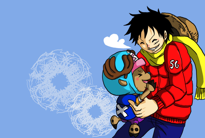 black_hair hat hat_removed headwear_removed highres jacket male male_focus monkey_d_luffy one_piece pixiv_manga_sample puffy_jacket reindeer resized scar scarf smile straw_hat tony_tony_chopper