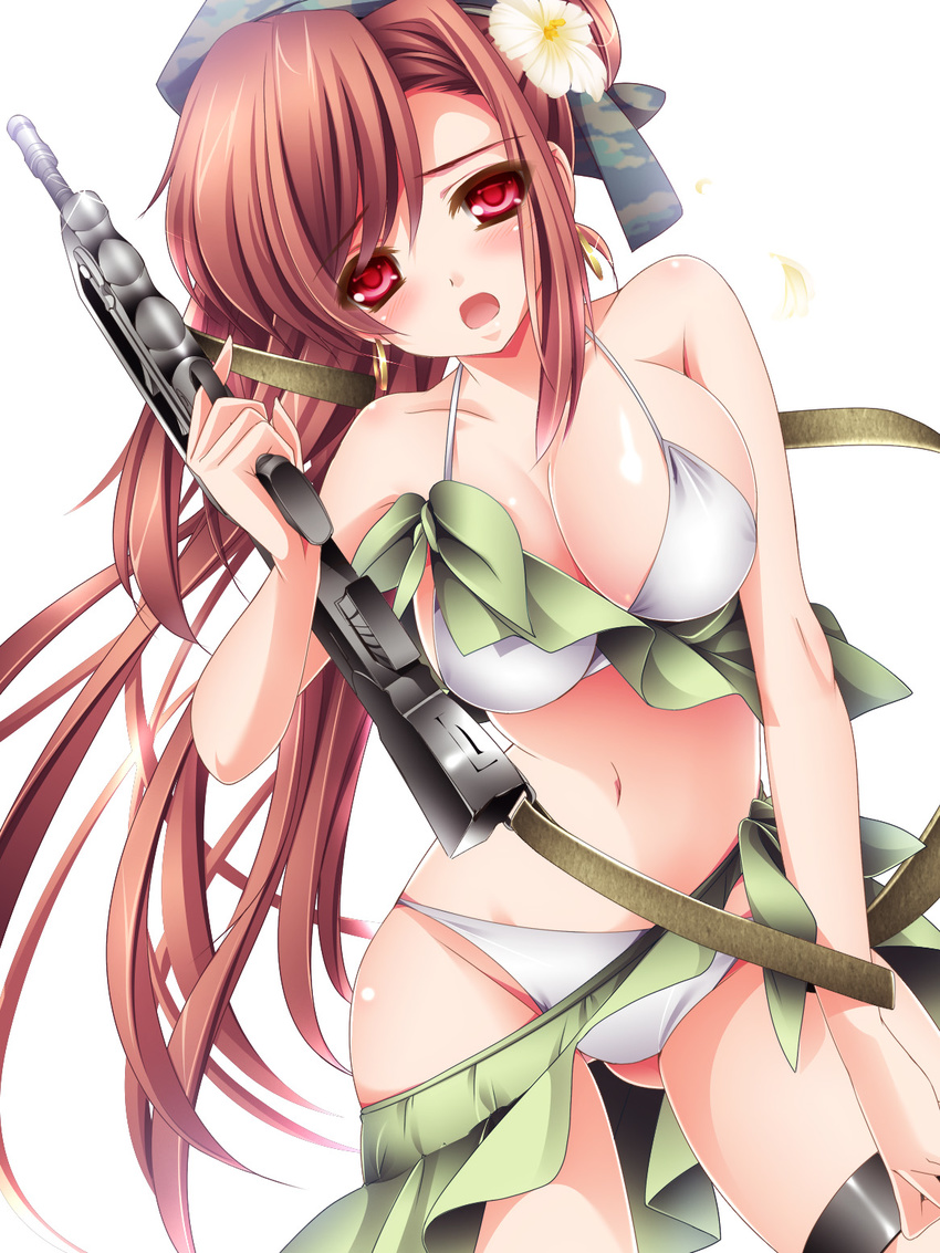 assault_rifle bikini blush breasts brown_hair bullpup cleavage famas flower green_sarong gun hair_flower hair_ornament hat highres large_breasts long_hair looking_at_viewer moneti_(daifuku) navel open_mouth original red_eyes rifle sarong solo strap swimsuit thigh_strap weapon