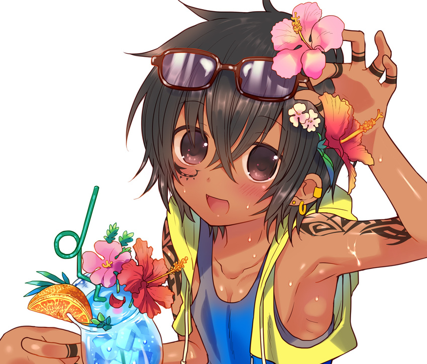 asura_(akame) black_hair blue_hawaii blush dark_skin dark_skinned_male drink drinking_straw earrings eyewear_on_head flower food fruit glass hair_flower hair_ornament jewelry kiyose_akame male_focus open_mouth orange original red_eyes smile solo sunglasses sweat tank_top tattoo tropical_drink