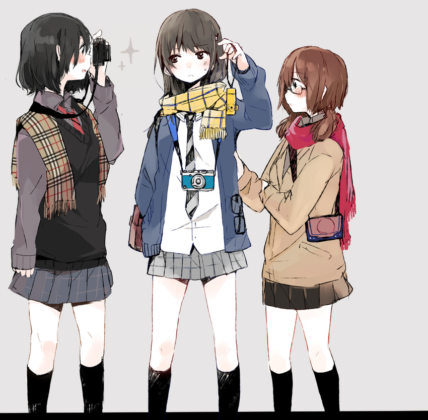 bad_id bad_pixiv_id black_hair black_legwear blazer blush brown_hair camera eyewear_removed glasses hair_ornament hairclip hand_in_pocket jacket kneehighs long_hair low_twintails multiple_girls necktie original pleated_skirt profile scarf school_uniform short_hair sketch skirt sparkle sweater_vest taking_picture taneda_yuuta twintails