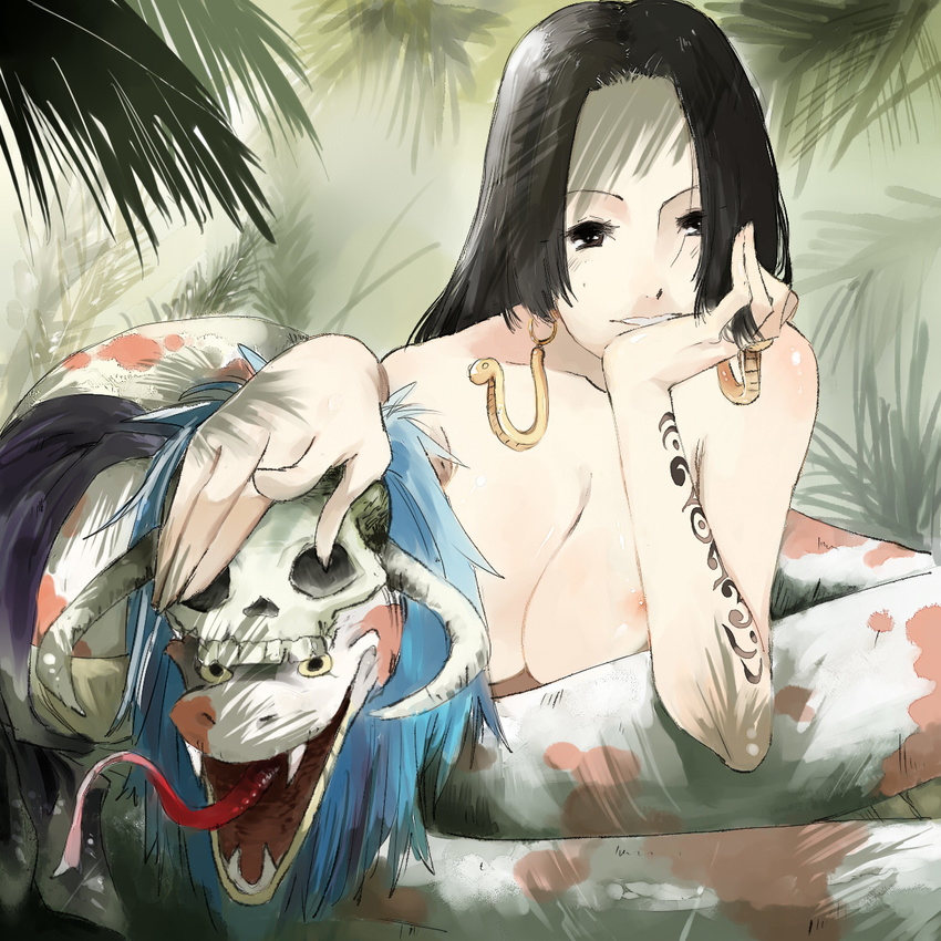 2013 amazon black_hair boa_hancock body_writing breasts brown_eyes chin_rest earrings fangs highres horns jewelry kenshin187 large_breasts looking_at_viewer nipple_slip nipples nude one_piece salome_(one_piece) skull snake snake_earrings