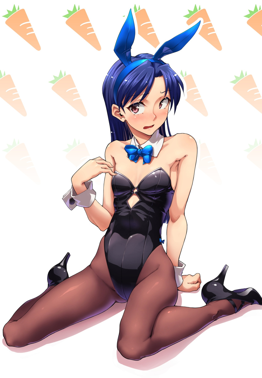 animal_ears aya_shachou bare_shoulders black_hair blue_hair blush bunny_ears bunnysuit detached_collar embarrassed fake_animal_ears flat_chest high_heels highres idolmaster idolmaster_(classic) kisaragi_chihaya long_hair open_mouth pantyhose red_eyes ribbon shoes sitting solo wariza wrist_cuffs