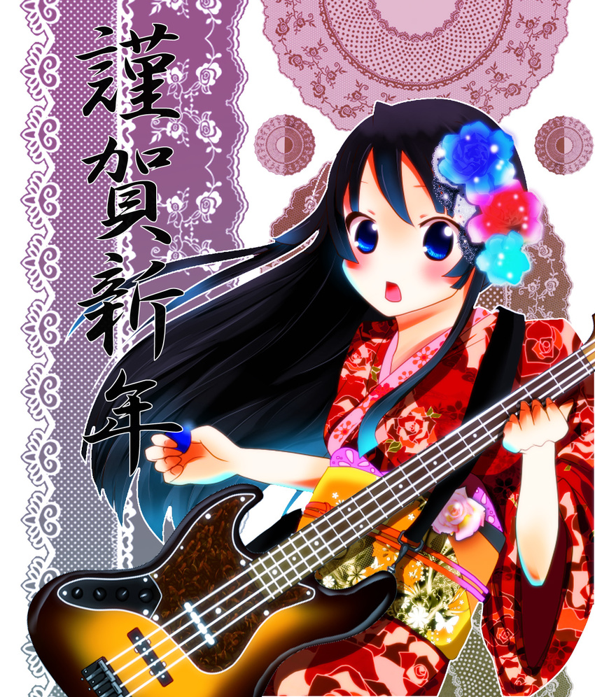 akiyama_mio bad_id bad_pixiv_id bass_guitar black_hair blush fender highres hime_cut instrument jazz_bass k-on! long_hair looking_at_viewer new_year open_mouth solo very_long_hair