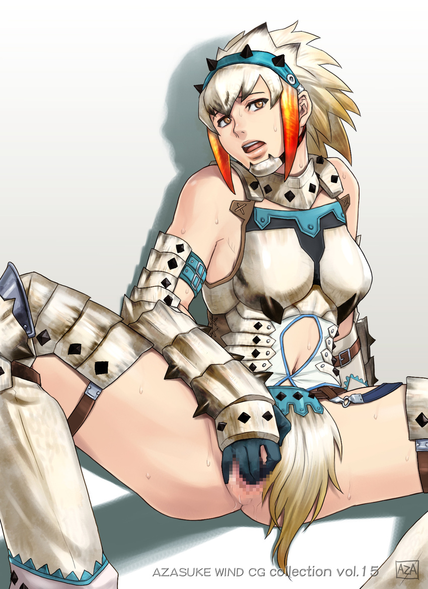 1girl armor azasuke bare_shoulders barioth_(armor) breasts brown_eyes capcom censored fingering highres looking_at_viewer masturbation monster_hunter monster_hunter_3 multicolored_hair open_mouth pussy short_hair sitting solo spread_legs sweat