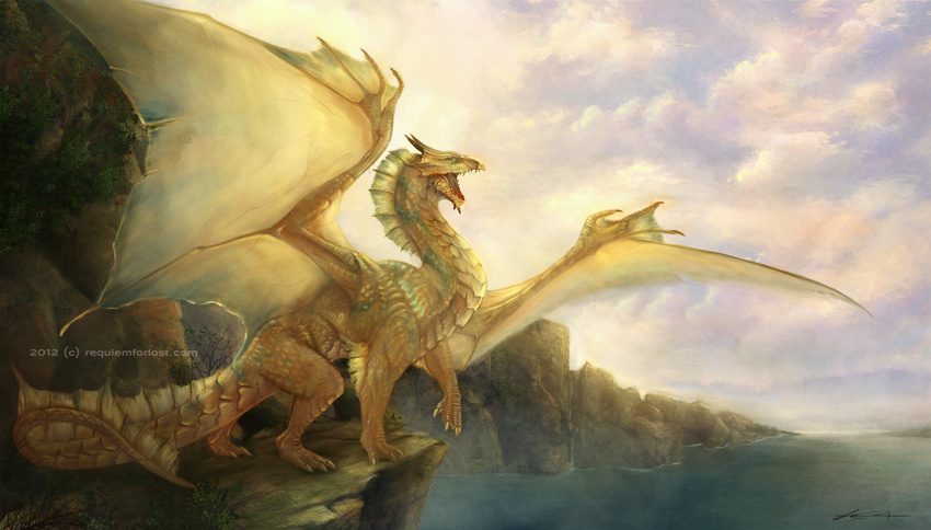 bronze claws cliffs cloud clouds detailed_background dragon fangs feral fins horn kitsunia scalie sea water wings