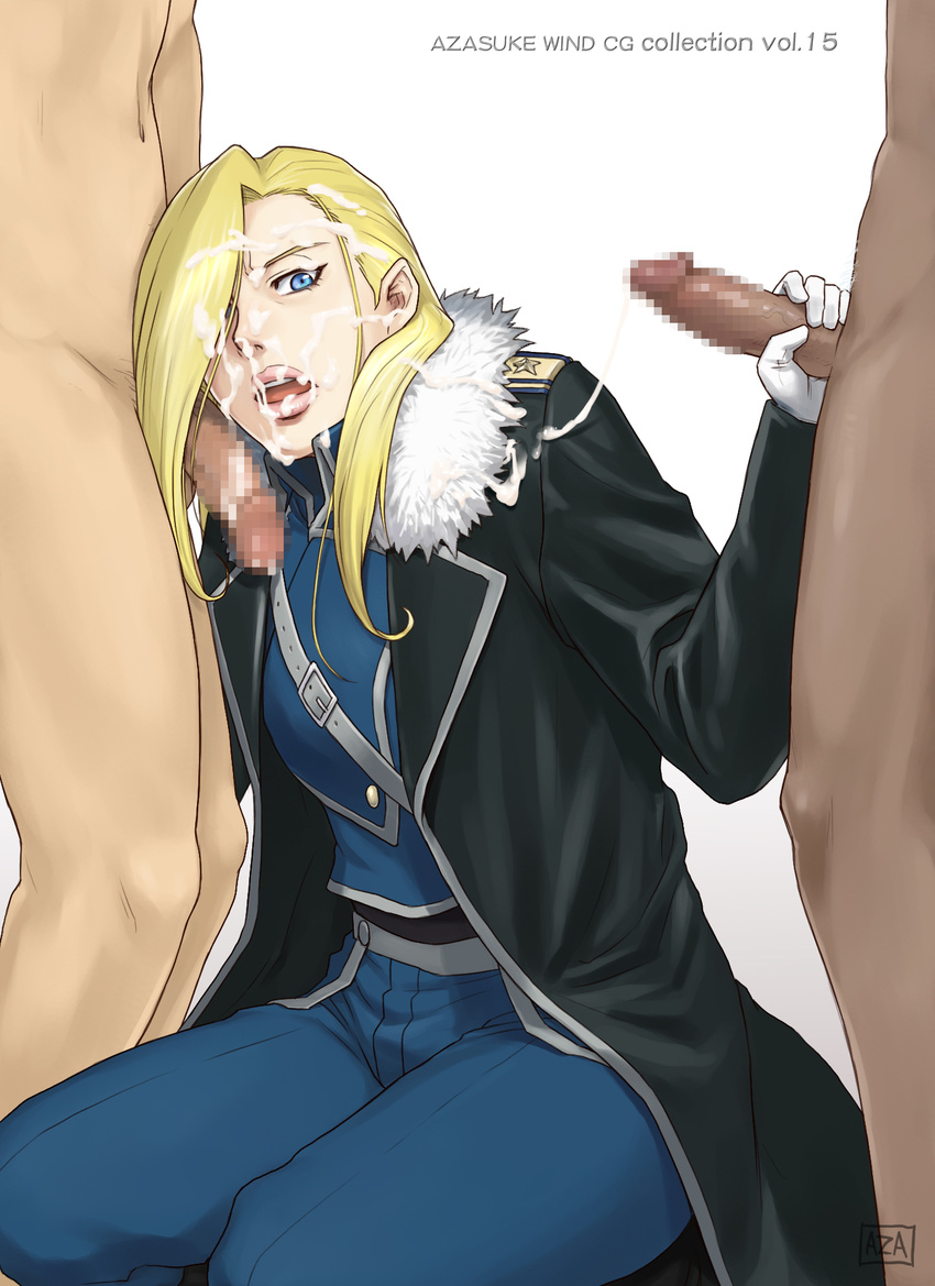 1girl 2boys azasuke blonde_hair blue_eyes breasts censored coat cum cum_in_mouth cum_on_clothes cum_on_hair facial fullmetal_alchemist gangbang gloves group_sex hair_over_one_eye handjob highres kneeling long_hair looking_at_viewer military military_uniform multiple_boys nude olivier_mira_armstrong open_mouth penis simple_background standing threesome uniform