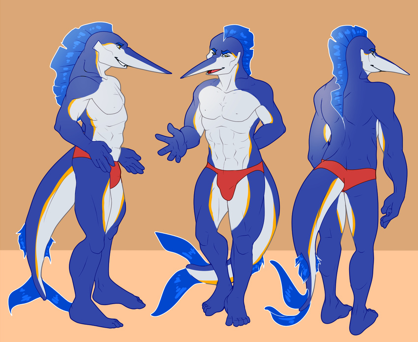 amber_eyes antares anthro biceps blue_marlin blue_skin bulge clothed clothing fish fivel flexing half-dressed invalid_tag male marine marlin muscles pecs pose scales solo speedo standing swimsuit toned topless underwear white_skin yellow_eyes