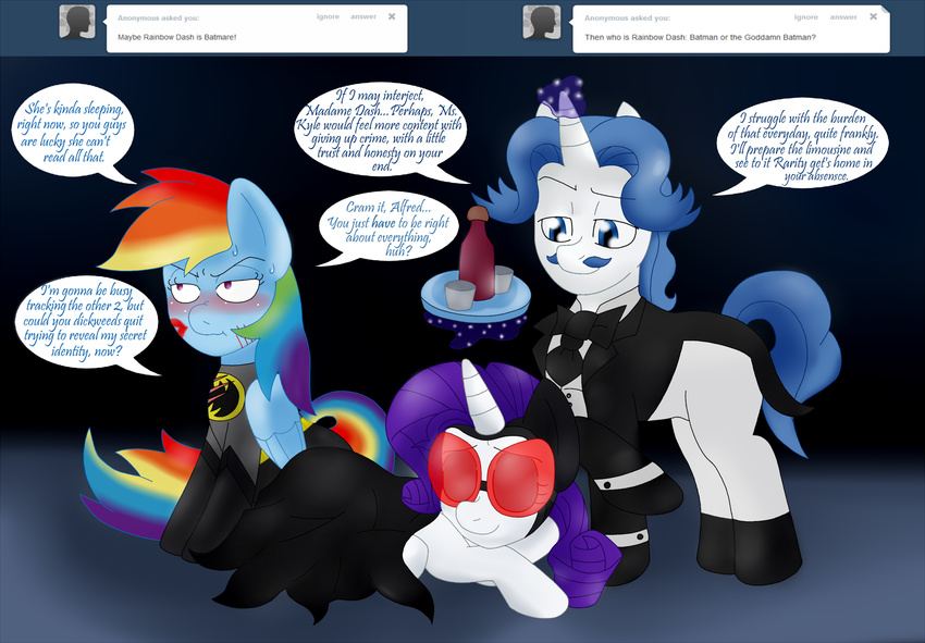 alfred_pennyworth batman batman_(series) blackbewhite2k7 butler catwoman crossover equine fancy_pants fancypants_(mlp) female feral friendship_is_magic group hi_res horn male mammal my_little_pony pegasus rainbow_dash_(mlp) rarity_(mlp) unicorn wings