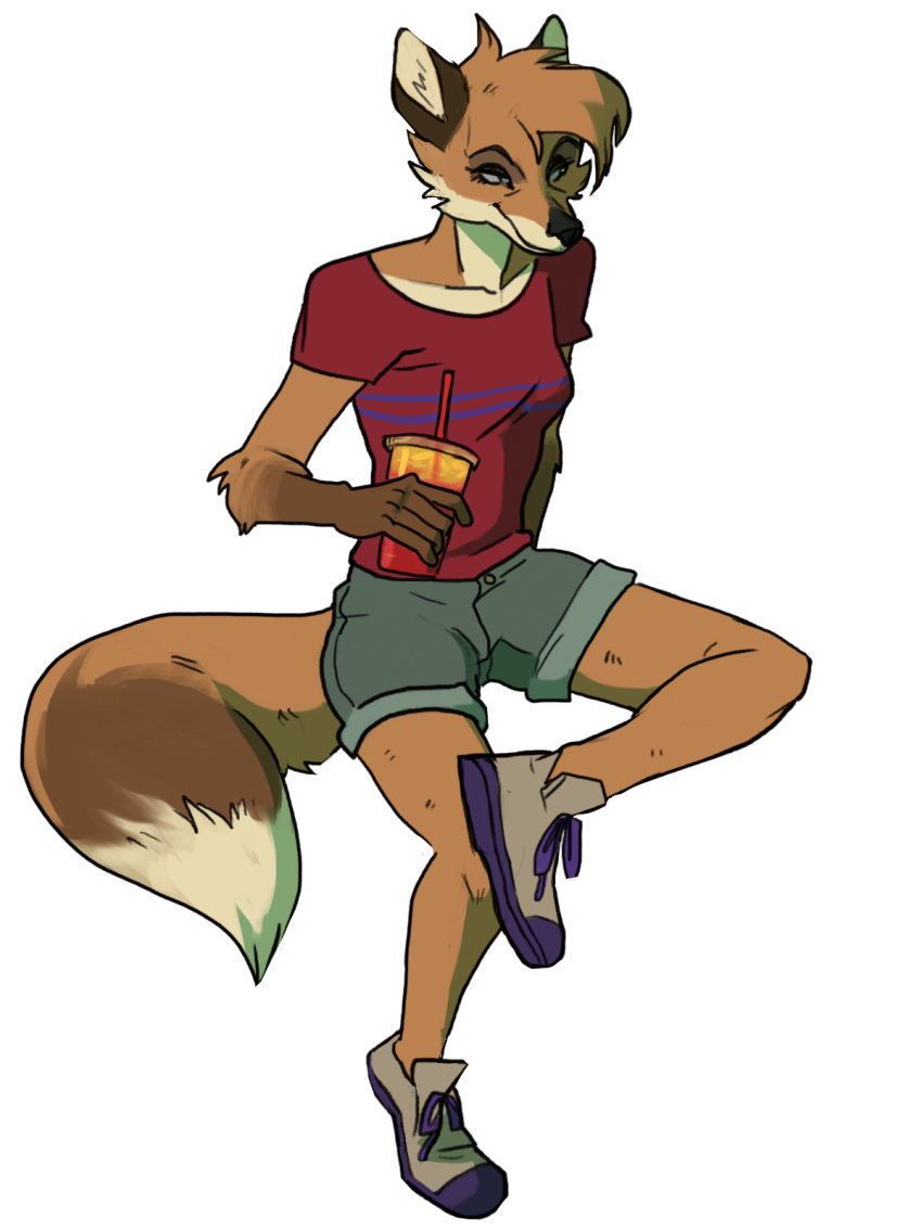 2018 alpha_channel anthro beverage canine clothed clothing digital_media_(artwork) dipstick_tail female fox fur mammal multicolored_tail muttonchomp orange_fur shirt shorts simple_background smile solo straw transparent_background