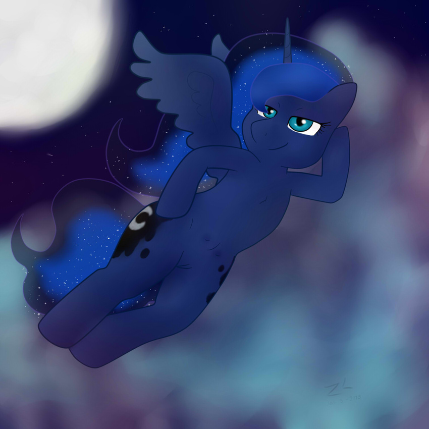 blue_eyes blue_hair cutie_mark equine female feral friendship_is_magic hair horn horse long_hair mammal moon multi-colored_hair my_little_pony night nipples pony princess_luna_(mlp) pussy royalty smile solo stars teats winged_unicorn wings zekromlover