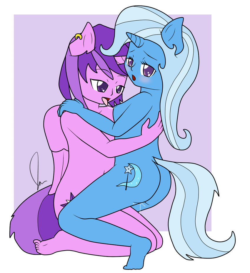 amethyst_star anonjg anthro anthrofied breasts child cutie_mark duo ear_piercing female friendship_is_magic hair horn hug human humanized lesbian long_hair mammal my_little_pony nipples nude piercing pussy_juice saliva simple_background tongue trixie_(mlp) trixie_lulamoon twilight_sparkle wings young