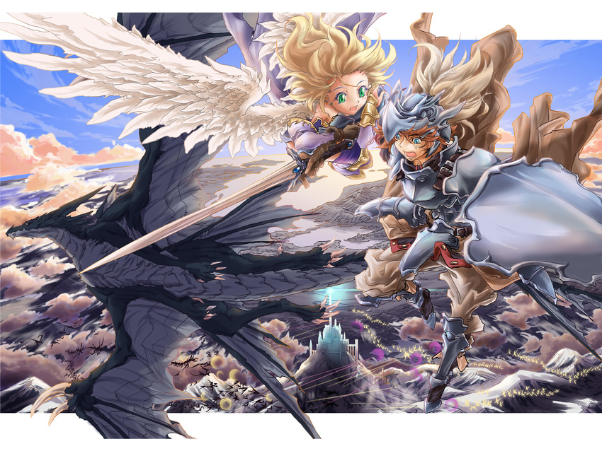 armor blonde_hair blue_eyes brown_hair clouds dragon gloves green_eyes landscape long_hair naka_(nicovideo14185763) original scenic sky sword weapon wings