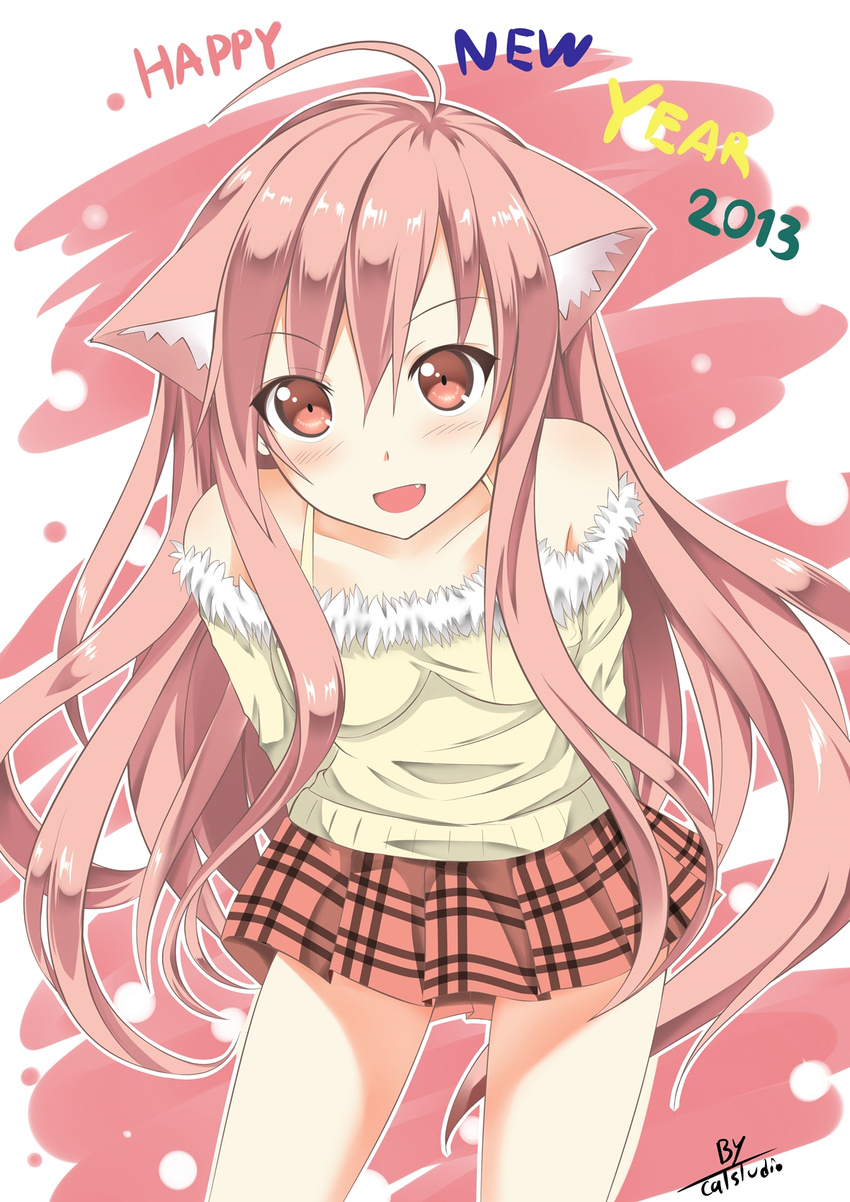 2013 animal_ears arms_behind_back bare_shoulders bent_over blush cat_ears catstudioinc_(punepuni) checkered checkered_skirt fang happy_new_year highres long_hair looking_at_viewer new_year open_mouth original pink_eyes pink_hair puni_(miku_plus) shirt skirt smile solo very_long_hair