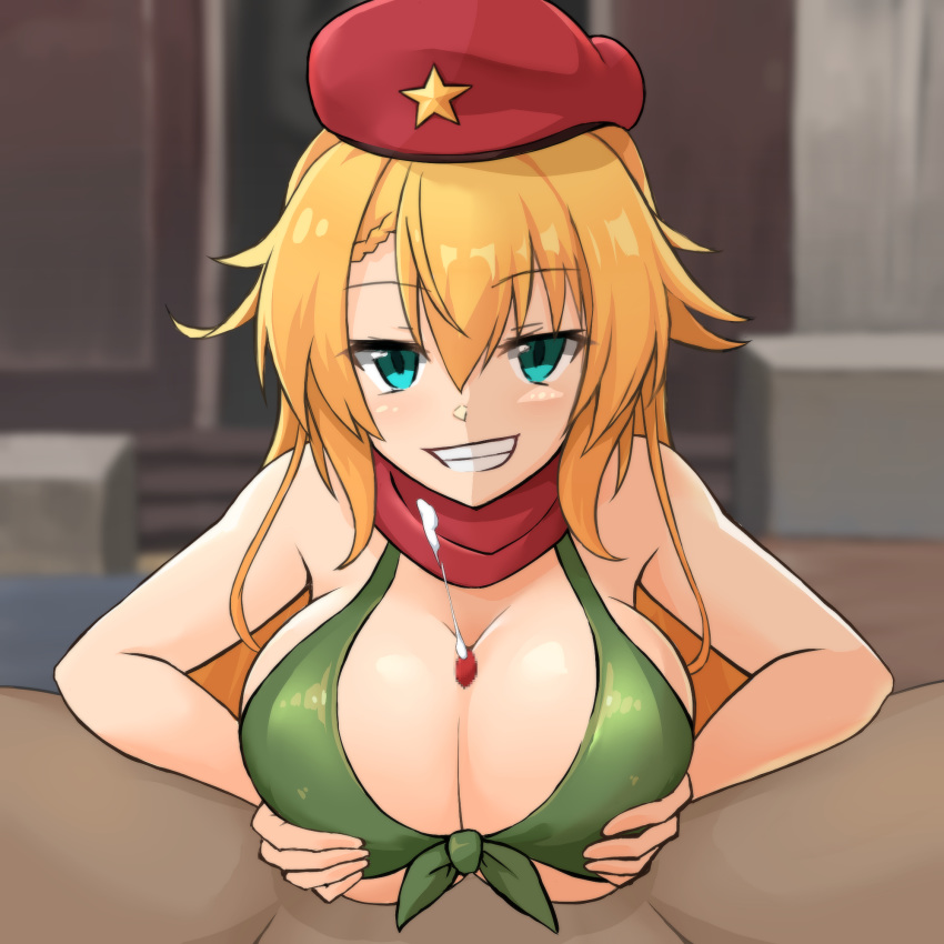 1boy 1girl ak47_(girls_frontline) beret blonde_hair blue_eyes breast_squeeze breasts censored cleavage cum ejaculation front-tie_bikini front-tie_top girls_frontline green_bikini_top grin hat hetero highres large_breasts long_hair looking_at_viewer mitsumori_(tri_forests) mosaic_censoring paizuri penis pov red_scarf scarf smile solo_focus spread_legs star