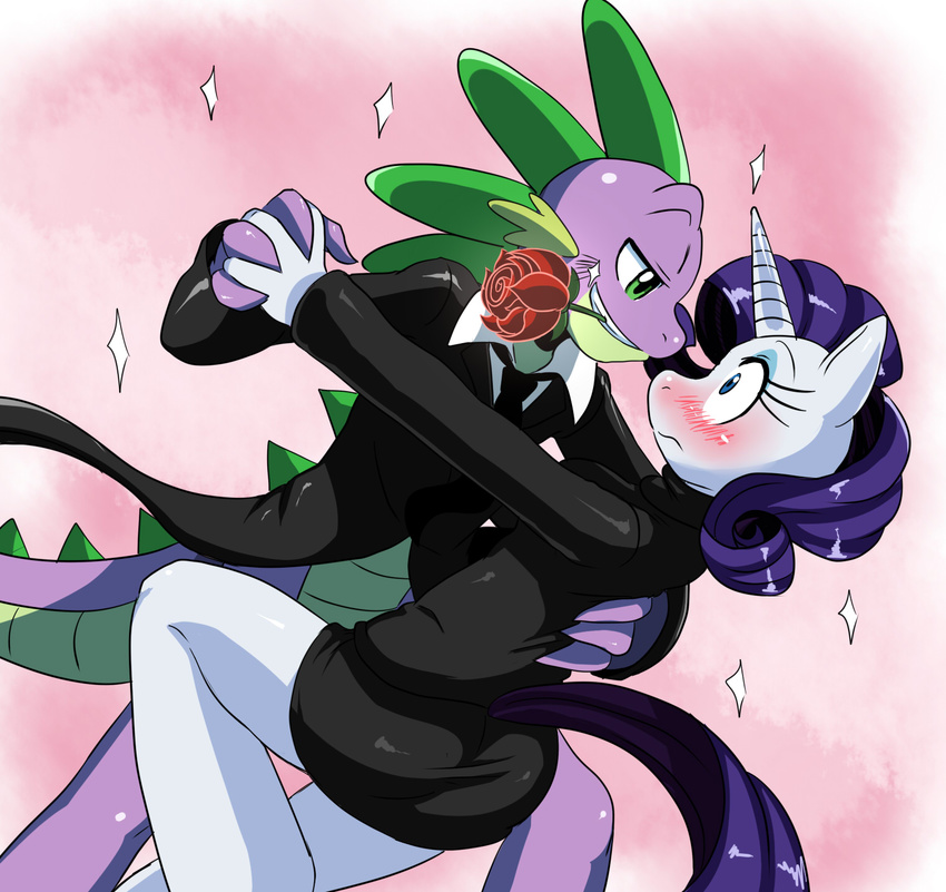 anthrofied blue_eyes blue_hair blush clothing dancing dragon dress duo equine eye_contact female flower formal friendship_is_magic fur green_eyes hair hi_res horn horse male mammal my_little_pony pony rarity_(mlp) rose scalie sparkle spike_(mlp) spikes sssonic2 suit unicorn white_fur