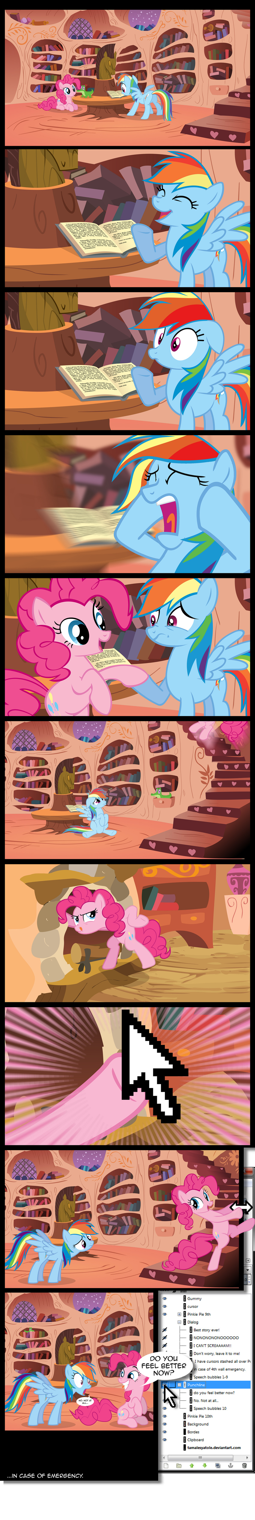 alligator blue_eyes book breaking_the_fourth_wall comic cursor cutie_mark dialog dialogue english_text equine female feral friendship_is_magic gummy_(mlp) hair happy horse i_have_no_mouth_and_i_must_scream library mammal multi-colored_hair my_little_pony pegasus photoshop pink_hair pinkie_pie_(mlp) pony purple_eyes rainbow_dash_(mlp) rainbow_hair reptile scalie smile tamalesyatole text wings