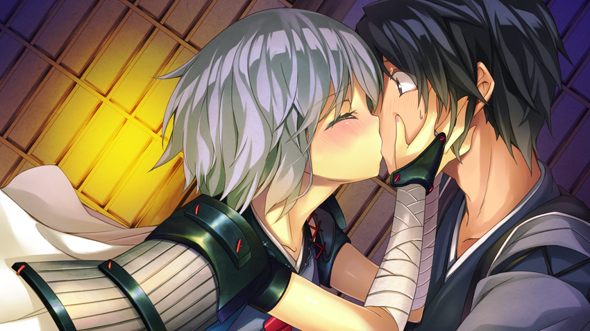 bandage blush game_cg hinasaki kiss sengoku_hime short_hair