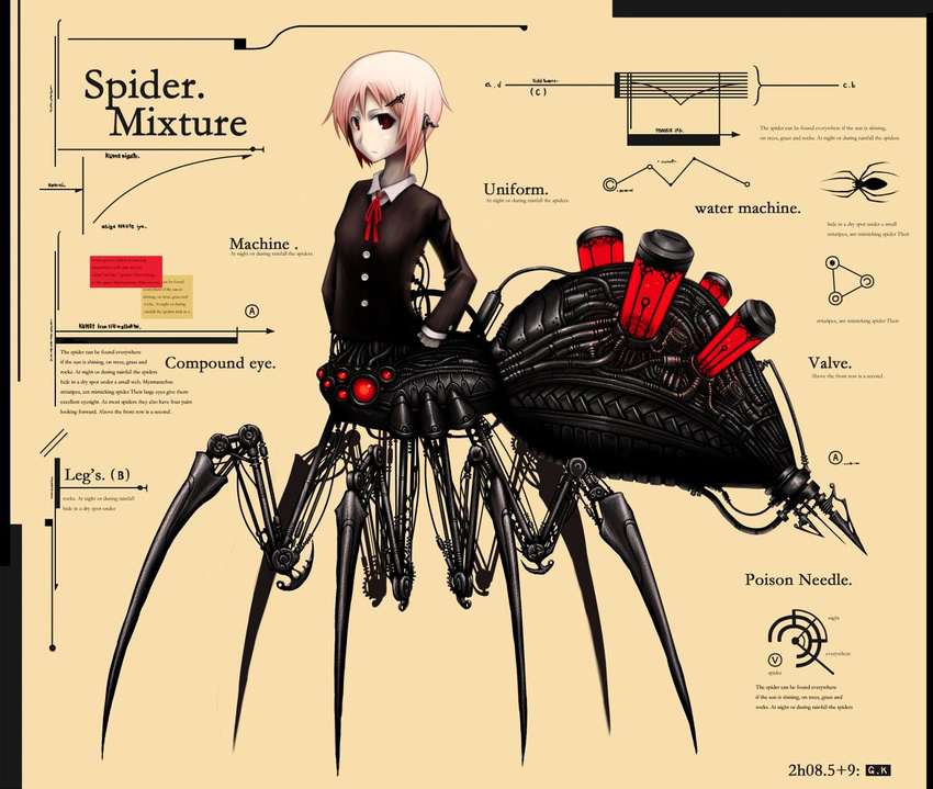 arachne behind-the-head_headphones copyright_request diagram duplicate gia hair_ornament hairclip headphones insect_girl mecha_musume mechanical monster_girl non-web_source pink_hair red_eyes school_uniform short_hair spider_girl