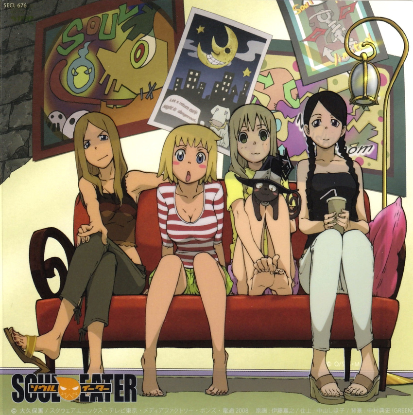 :3 :o album_cover armpits bangs bare_shoulders barefoot black_cat black_eyes black_hair blair blonde_hair blue_eyes blush blush_stickers braid breasts brick_wall casual cat chestnut_mouth cleavage copyright_name couch cover crescent_moon crop_top crossed_legs cup dog drink drinking_straw elizabeth_thompson engrish feet foot_hold frame green_eyes hair_over_shoulder hand_on_own_knee hat head_tilt high_heels highres holding indoors itou_yoshiyuki lamp large_breasts legs legs_together lineup long_hair long_legs looking_at_viewer maka_albarn midriff moon multiple_girls nakatsukasa_tsubaki navel non-web_source official_art outstretched_arms pants parted_bangs patricia_thompson platform_footwear pointing poster_(object) ranguage sandals scan scan_artifacts shadow shirt shoe_dangle shoes short_hair short_shorts short_sleeves shorts siblings sidelocks silver_hair sisters sitting smile soles soul_eater stitches strapless striped striped_shirt swept_bangs t-shirt tank_top tiptoes tubetop twin_braids witch_hat