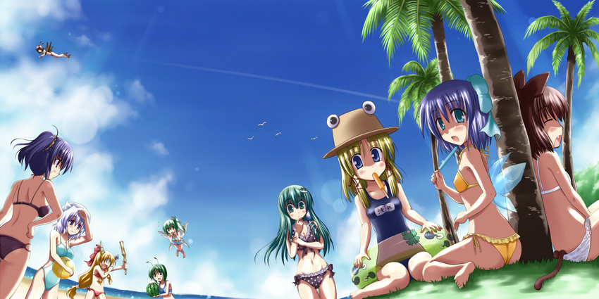 animal_ears antennae aqua_eyes ball barefoot beach bikini bird black_hair blindfold blonde_hair bow breasts brown_hair camera cat_ears cat_tail chen cirno cleavage closed_eyes cloud daiyousei day eyes fairy_wings fang flying food frills frog from_behind fruit geta grass green_eyes green_hair hair_bow hair_ornament hair_ribbon hat highres horns ibuki_suika ice innertube kochiya_sanae large_breasts letty_whiterock medium_breasts moriya_suwako multiple_girls multiple_tails name_tag ocean one-piece_swimsuit open_mouth outdoors popsicle purple_eyes purple_hair red_eyes ribbon sand school_swimsuit seagull shadow shameimaru_aya side_ponytail sitting small_breasts snake stick swimsuit tadpole tail tokin_hat toshihiro touhou tree water watermelon wings wriggle_nightbug yasaka_kanako