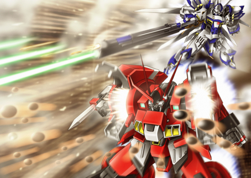 alteisen armor blurry clenched_hands firing foreshortening gun highres holding holding_gun holding_weapon laser_beam mecha motion_blur no_humans super_robot_wars super_robot_wars_original_generation sword weapon weissritter yama-san_(hisarin)