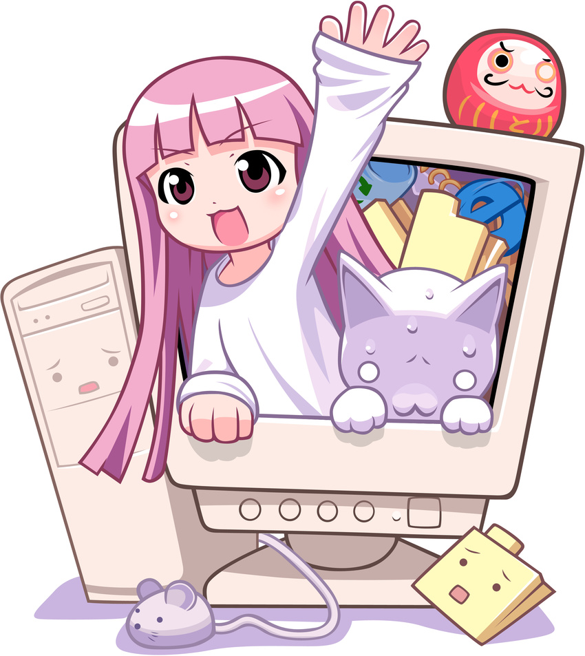 :3 absurdres artist_request cat computer copyright_request daruma_doll doll folder highres internet_explorer long_sleeves monitor mouse mouse_(computer) personification pink_eyes pink_hair sleeves_past_wrists through_screen waving